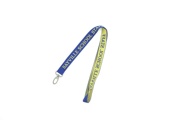 China Personalized Flat Blue Woven Neck Lanyards Polyester Material With Metal Oval Hook supplier